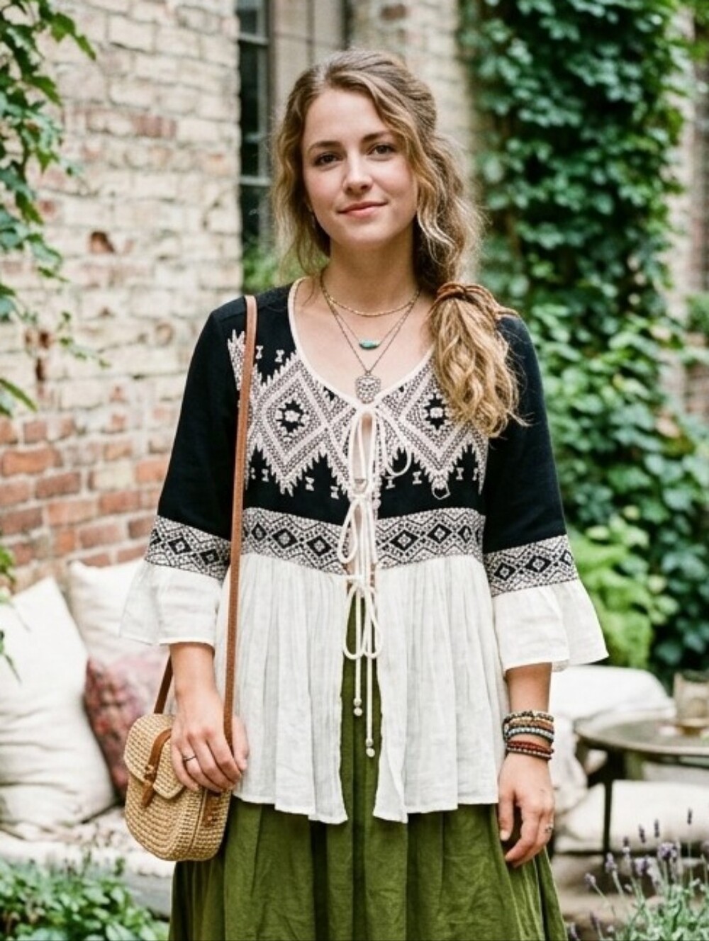 Lucy & Laurel L Bohemian Folk Peasant Southwestern Embroidered Lace Up Tunic